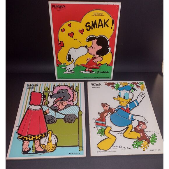 Lot of 3 Vintage‎ Playskool Wooden Puzzles Disney Snoopy Peanuts Red Riding Hood - Picture 1 of 16